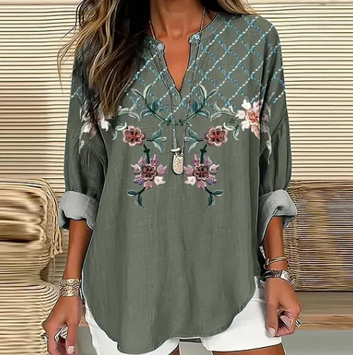 Women's Floral V neck Linen Blend Loose Blouse Army Green - Shop at LoveMi