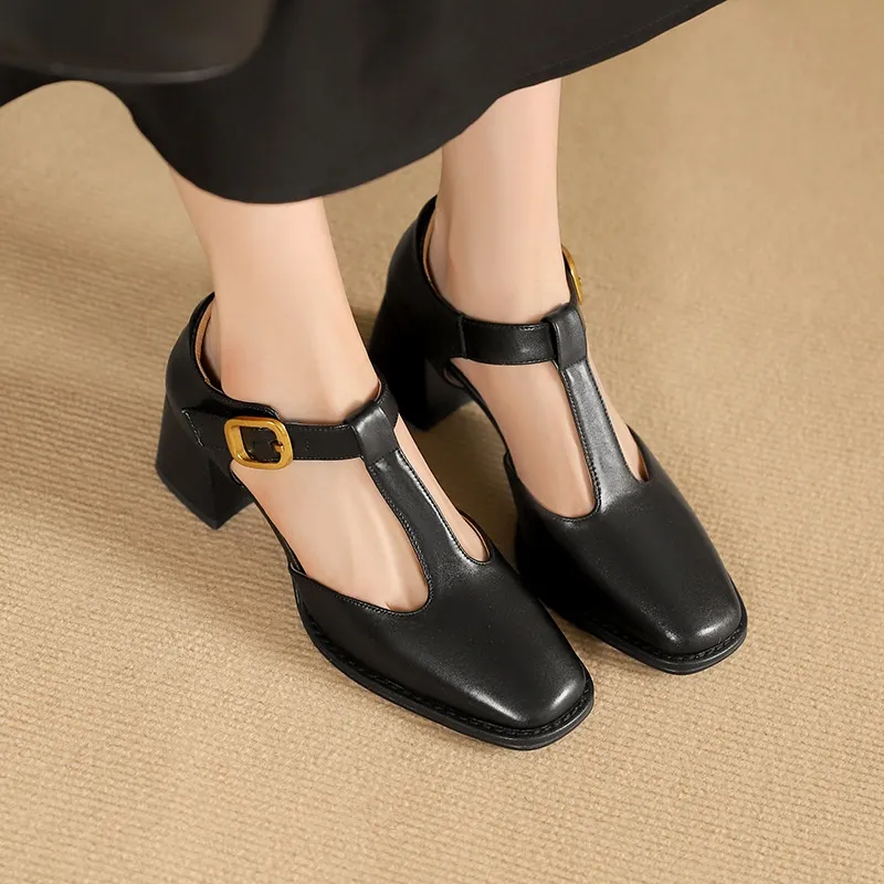 Square Toe T-shaped Buckle Sandals For Women - Black