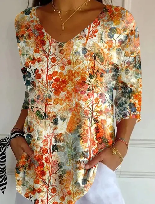 Women's Stylish V Neck Long Sleeve Plant Print Top Yellow - Shop at LoveMi