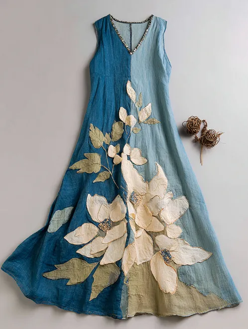 Women's Vintage Oil Painting Floral Art Contrast Color Linen Sleeveless Dress Blue - Shop at LoveMi