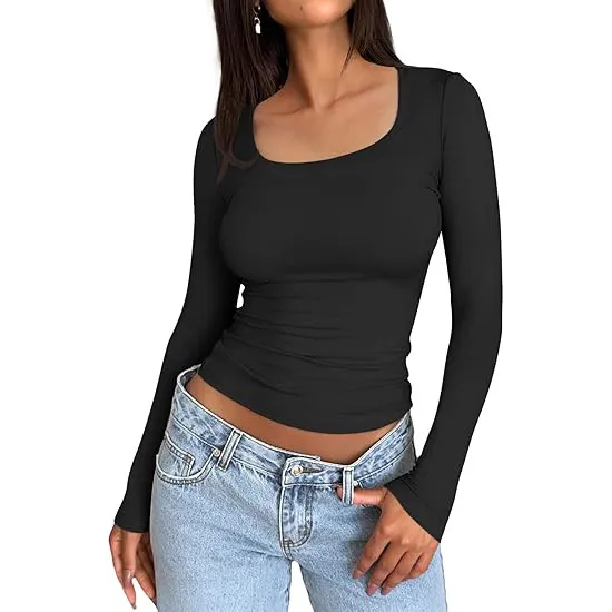 Solid Color Double Layer Square Collar Slimming Sexy Long Sleeve Women's T shirt Black - Shop at LoveMi