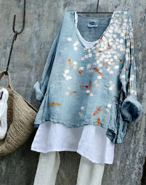 Sakura Art Linen Blend Cozy Flowy Long sleeve Top Blue - Shop at LoveMi