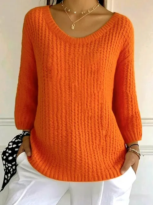 Women's Orange Plain Long Sleeve Sweater Orange - Shop at LoveMi