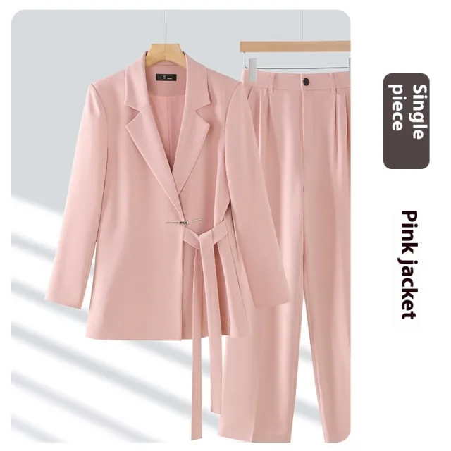 Casual Long sleeved Small Suit Collar Jacket Women's Wide leg Pants Two piece Suit Pink - Shop at LoveMi