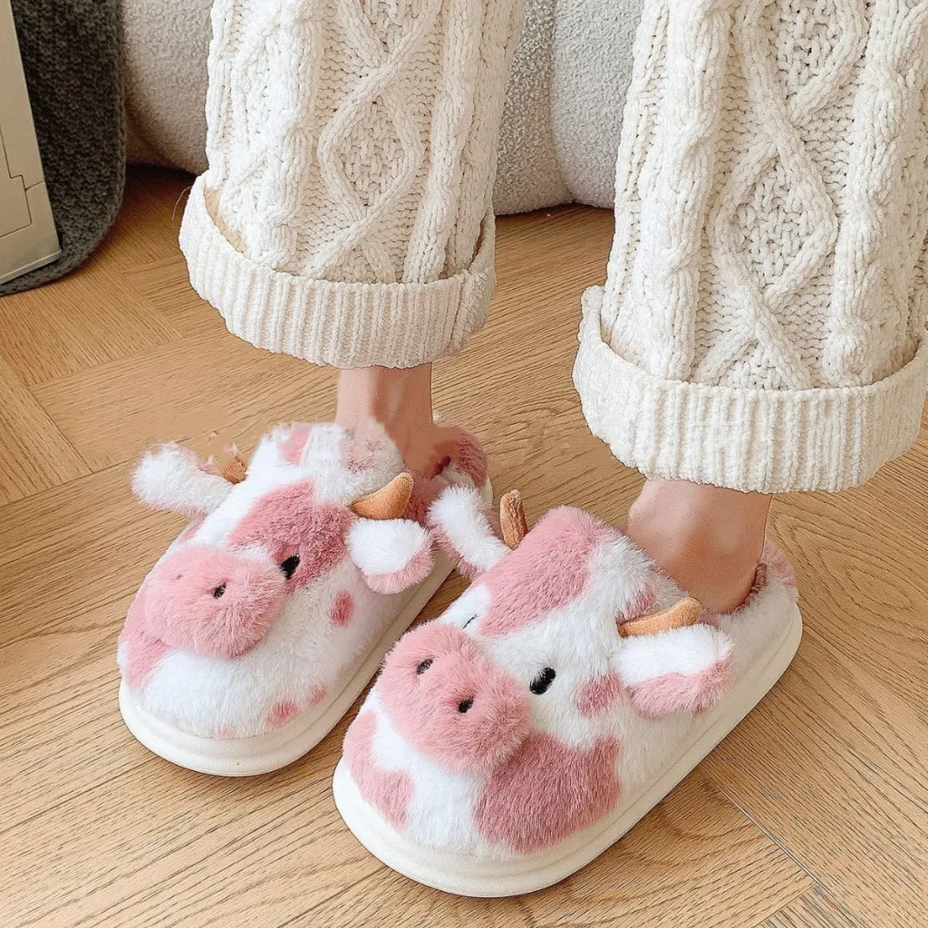 Cow Cotton Slippers Winter Plush Household - Pink
