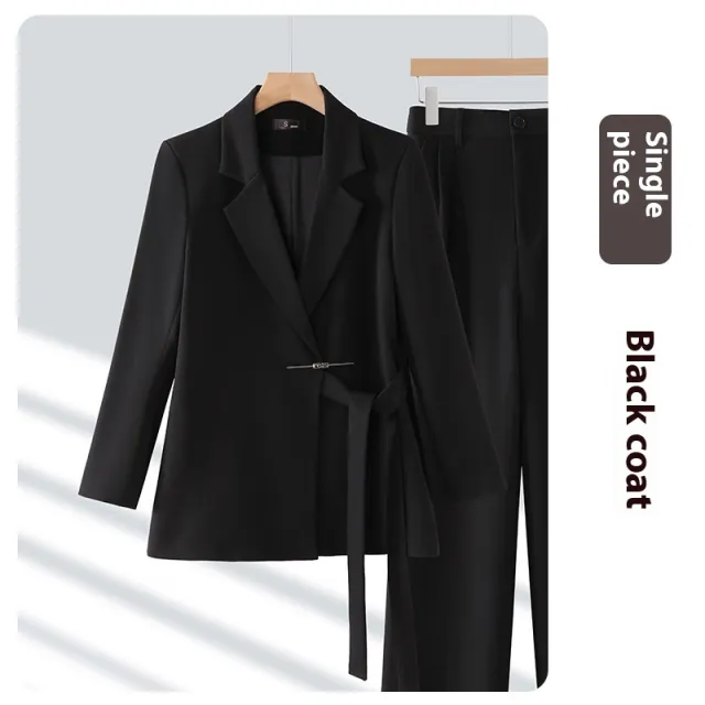 Casual Long sleeved Small Suit Collar Jacket Women's Wide leg Pants Two piece Suit Black - Shop at LoveMi
