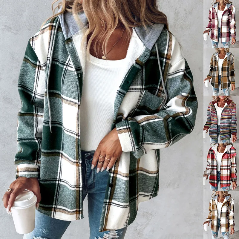 Plaid Hooded Jacket Fashion Casual Button Pocket Coat Autumn
