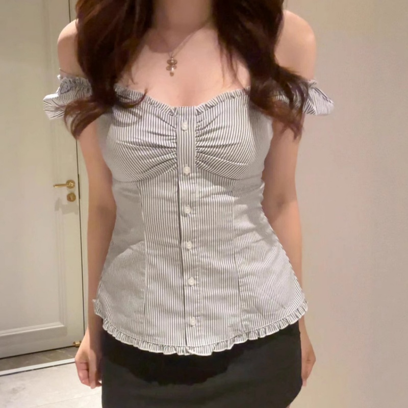 Blue Striped Puff Sleeve Shirt Top For Women