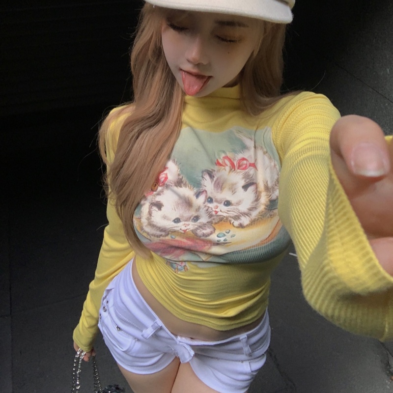 Dopamine Cat Printing Long Sleeve T-shirt Early Autumn