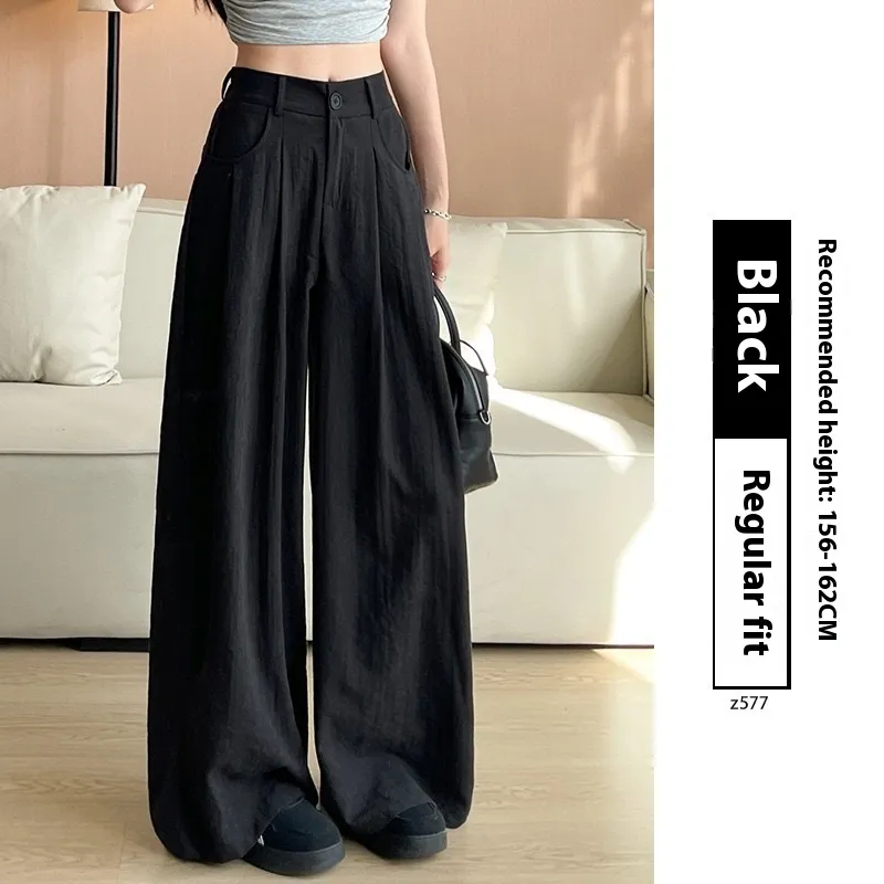 Suit Pants Women's High Waist Baggy Straight Trousers - Black Regular Style