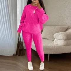 Winter Ribbed Knit Suits Fashion Loose Pullover Sweater Top And Drawstring Pants For Women Trouser Set Clothing - Rose Red - View 1