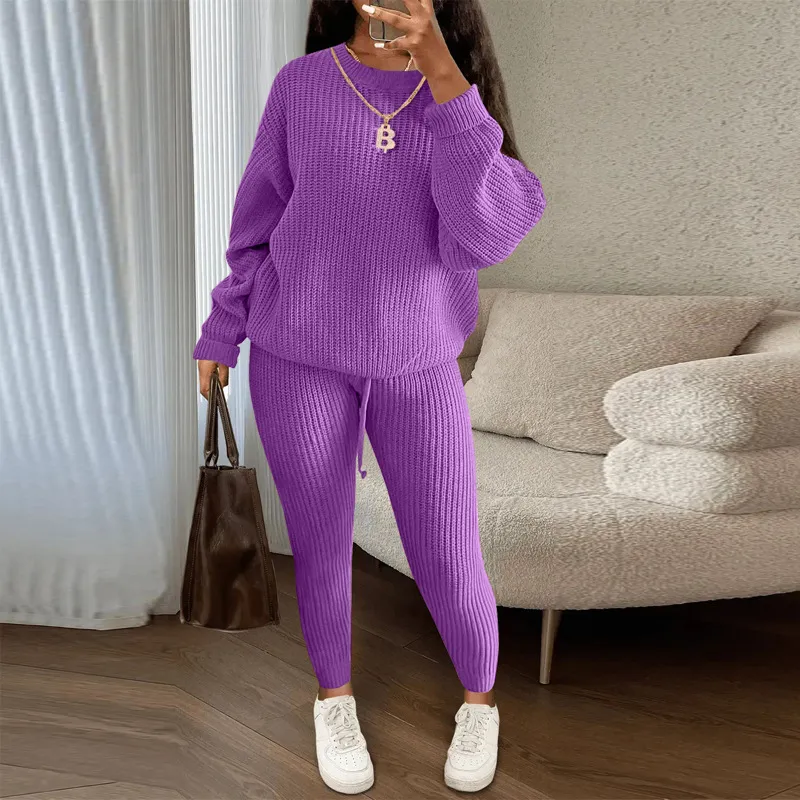 Winter Ribbed Knit Suits Fashion Loose Pullover Sweater Top And Drawstring Pants For Women Trouser Set Clothing - Red And Purple