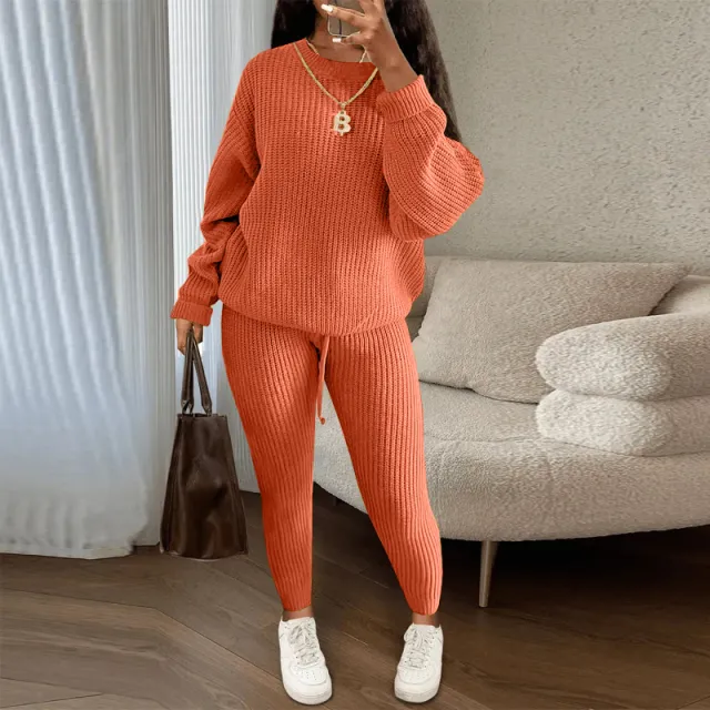 Winter Ribbed Knit Suits Fashion Loose Pullover Sweater Top And Drawstring Pants For Women Trouser Set Clothing Orange Red - Shop at LoveMi