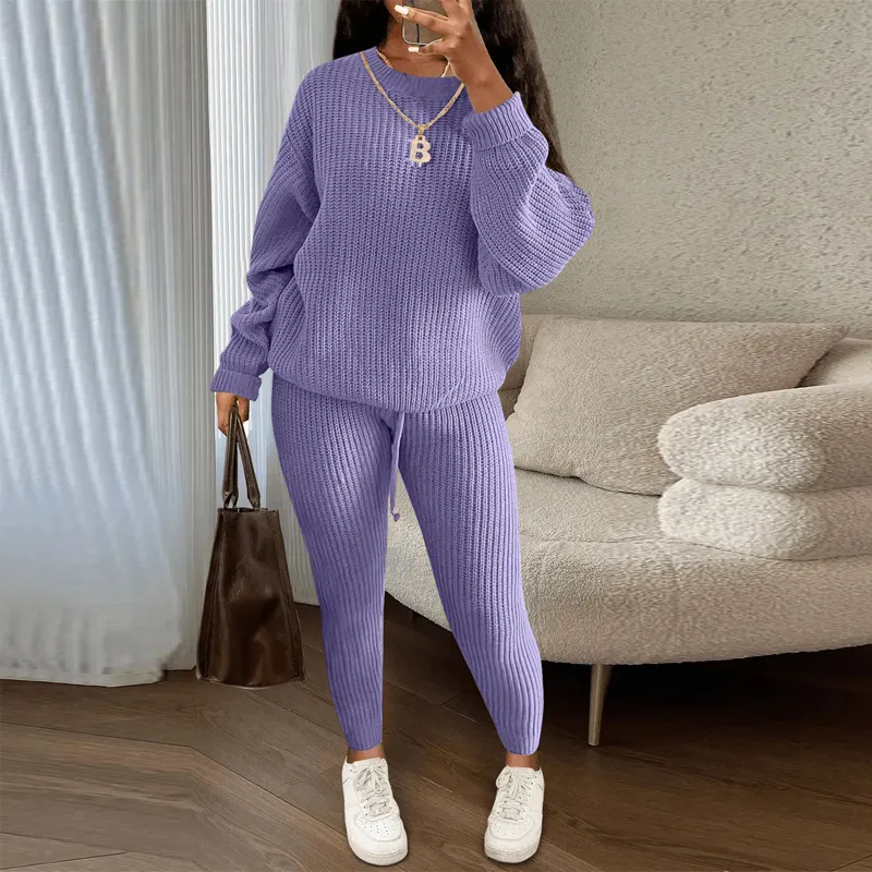 Winter Ribbed Knit Suits Fashion Loose Pullover Sweater Top And Drawstring Pants For Women Trouser Set Clothing - Light Purple - View 1