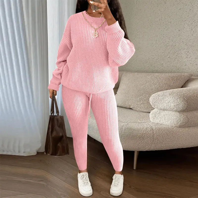 Winter Ribbed Knit Suits Fashion Loose Pullover Sweater Top And Drawstring Pants For Women Trouser Set Clothing - Light Pink