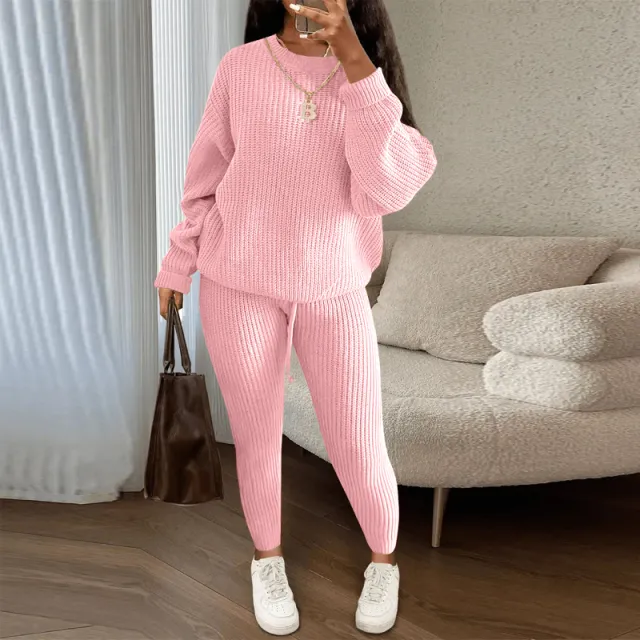 Winter Ribbed Knit Suits Fashion Loose Pullover Sweater Top And Drawstring Pants For Women Trouser Set Clothing Light Pink - Shop at LoveMi