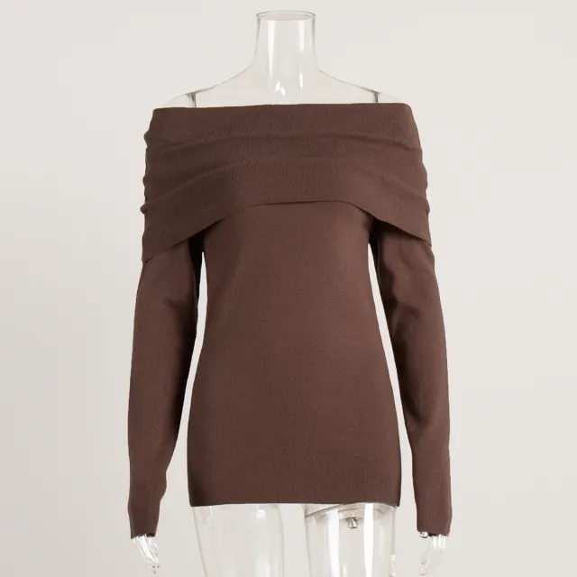 Long Sleeve Knitted Bottoming Shirt Off shoulder Coffee - Shop at LoveMi