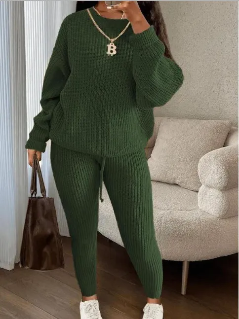 Winter Ribbed Knit Suits Fashion Loose Pullover Sweater Top And Drawstring Pants For Women Trouser Set Clothing Military Green - Shop at LoveMi