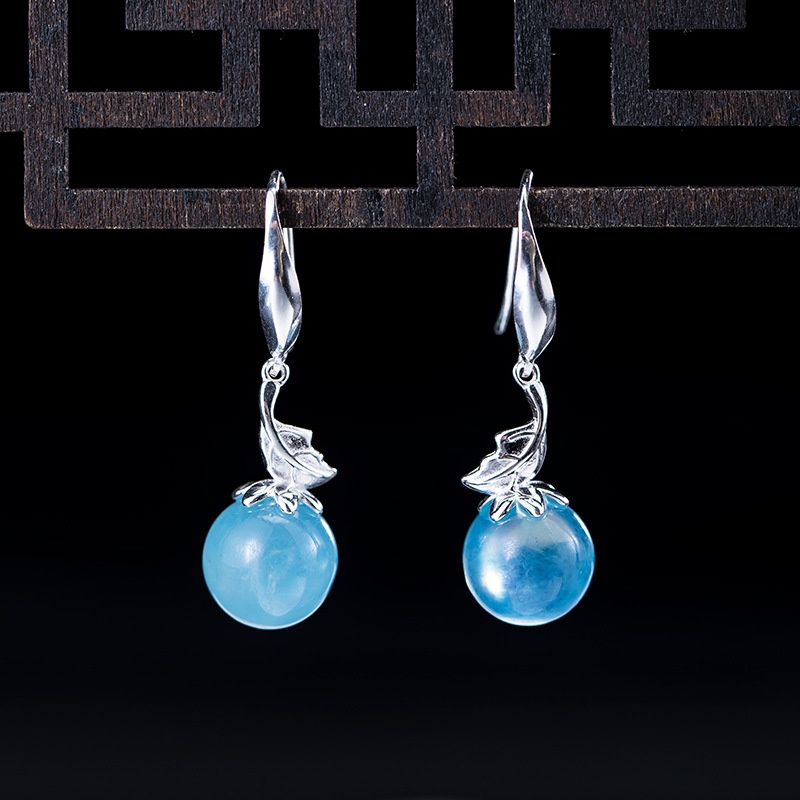 Su XVIII S925 Silver Fashion Flower Earrings Vintage Leaves Aquamarine Jewelry