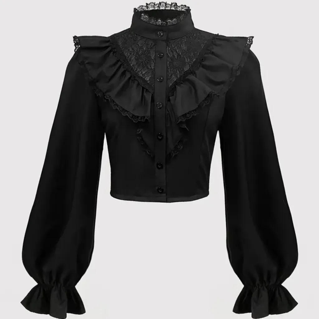 Lace Patchwork Button Up Front Shirt With Unique Style - Black