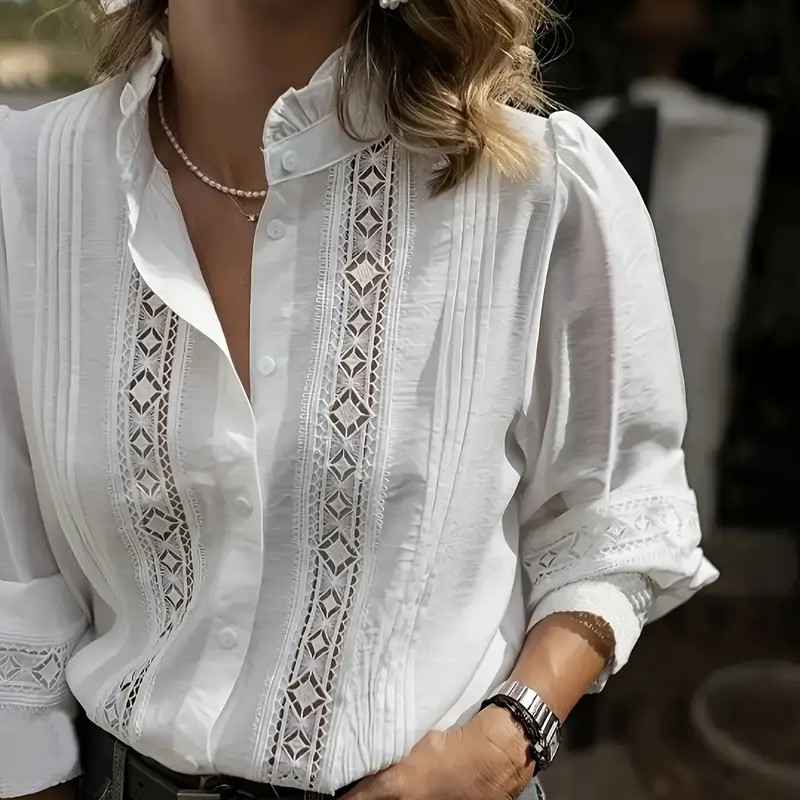 Elegant White V-Neck Blouse With Lace Details
