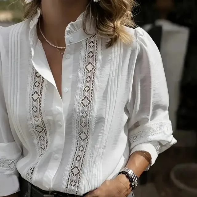 Elegant White V Neck Blouse With Lace Details White - Shop at LoveMi