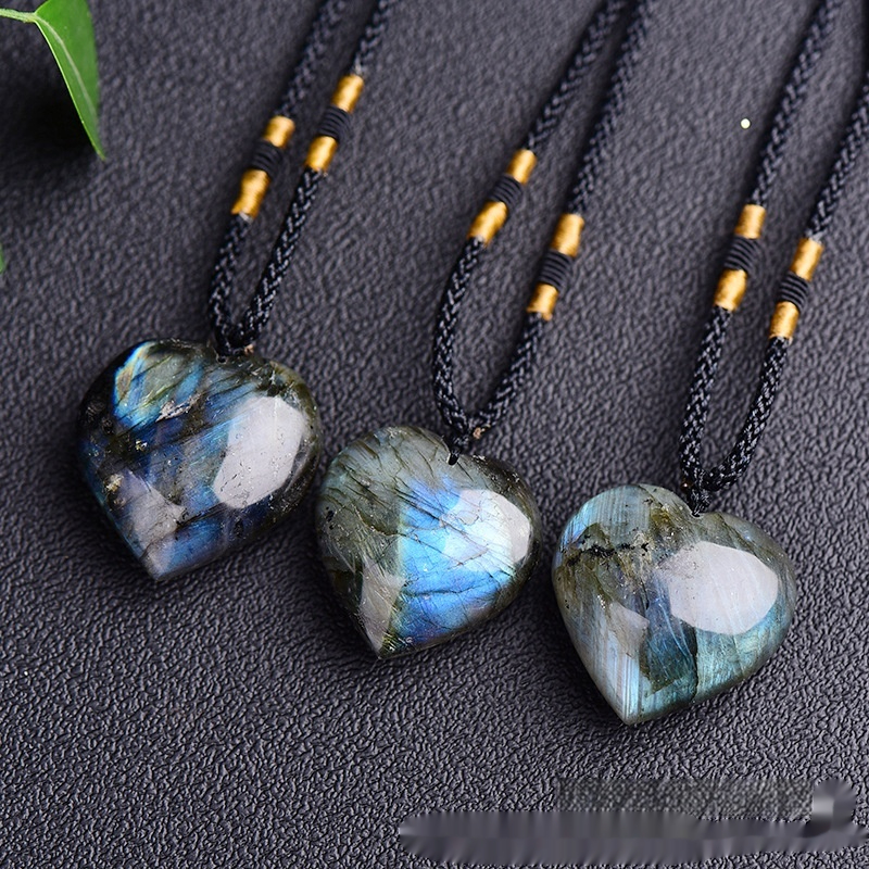 Natural Labradorite Moonstone Heart Of The Ocean Necklace Crystal Semi-precious Stone