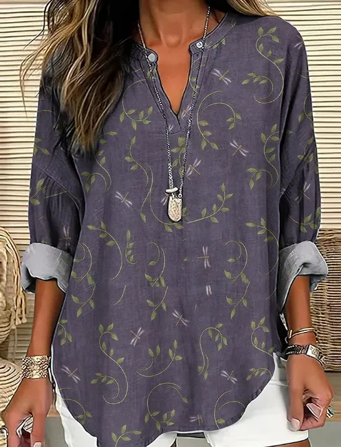 Women's Bohemian Style Dark Grey Dragonfly Linen Print Casual Shirt Purple - Shop at LoveMi