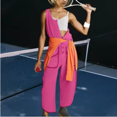 Women's Casual Solid Color Round Neck Sleeveless Elastic Waist With Pocket Jumpsuit Rose Red - Shop at LoveMi