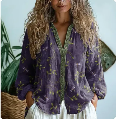 Women's Top V-neck Printed Exquisite Linen - 149933Hwjpurple