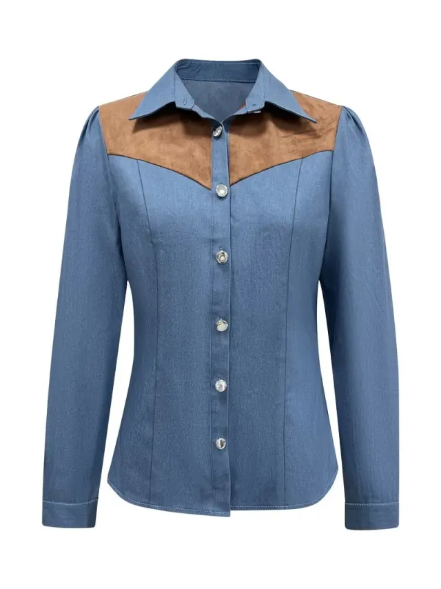 Women'S Western Patchwork Long Sleeve Shirt Blue - Shop at LoveMi