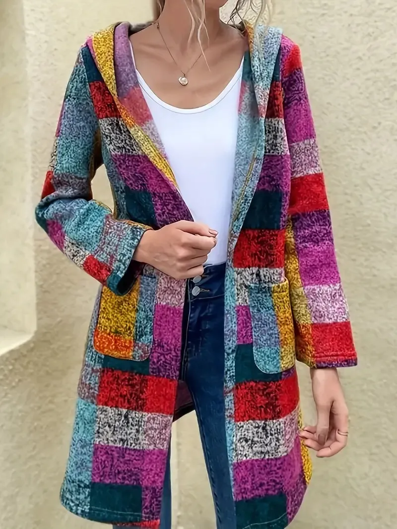 Women's Elegant Geometric Color-Block Coat - Multicolor