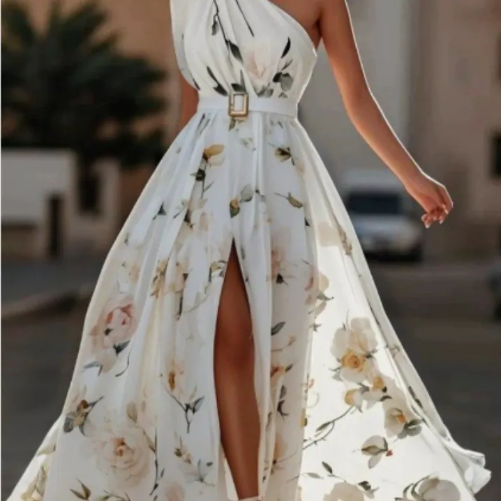 Women's Oblique Shoulder Digital Printing Sleeveless Vest Dress - White