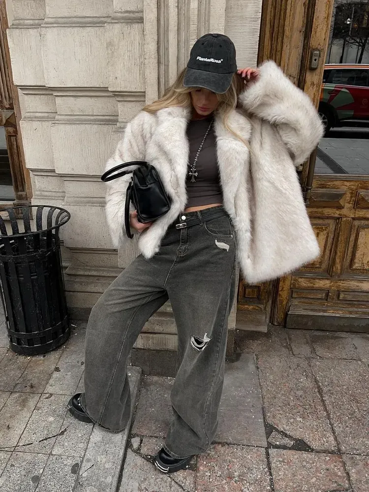 Fake Fur Coat Lapel Fashionable Warm - White Coffee Tip