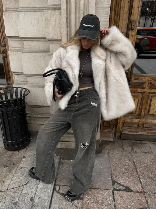 Fake Fur Coat Lapel Fashionable Warm White Coffee Tip - Shop at LoveMi