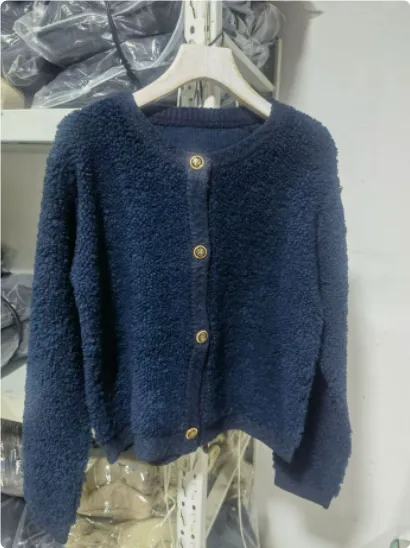 Button Decoration Terry Yarn Knitting Cardigan Jacket - Blue