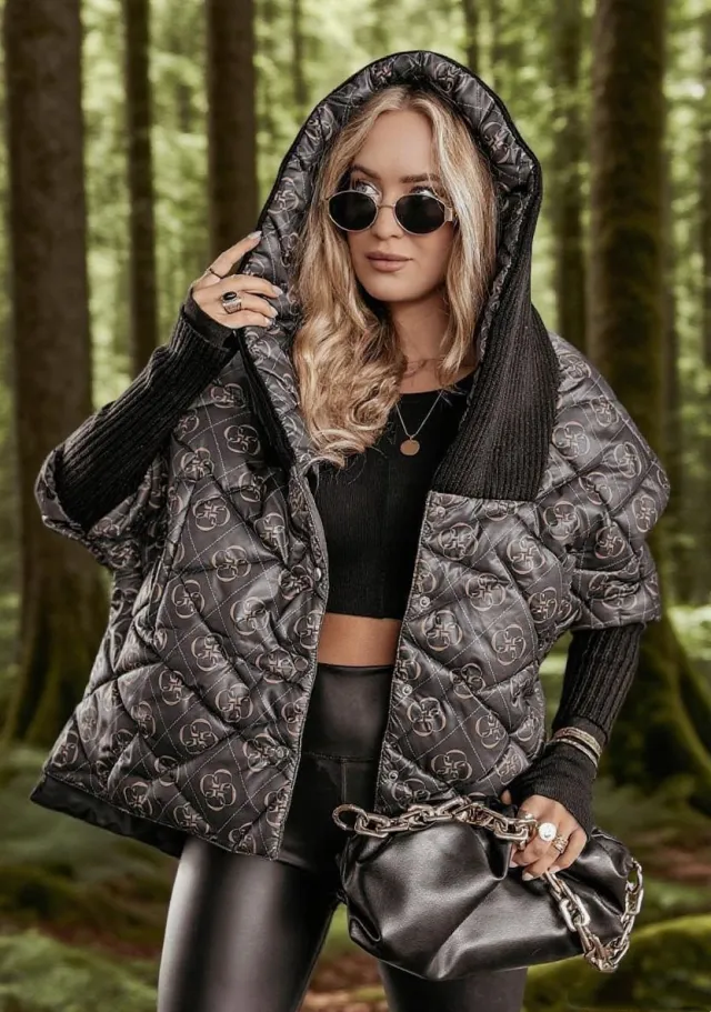 Women's Diamond Lattice Hooded Casual Long Sleeve Coat Black And Floral - Shop at LoveMi