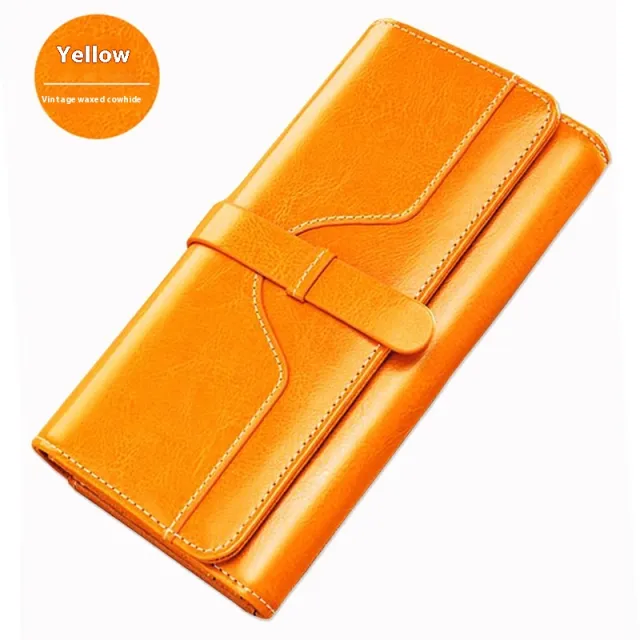 Pure Leather Tri Fold Women's Wallet Long Buckle Genuine Leather Yellow - Shop at LoveMi