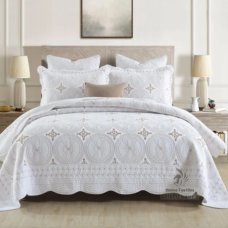 European-style Cotton Embroidery Clip Sheets Double Thick Washable Pure Cotton Bed Cover - Embroidery Chun Luowhite