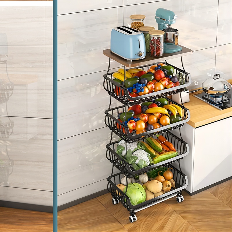 Black 6 Layer Kitchen Shelf Floor Type Installation Free Floor Trolley