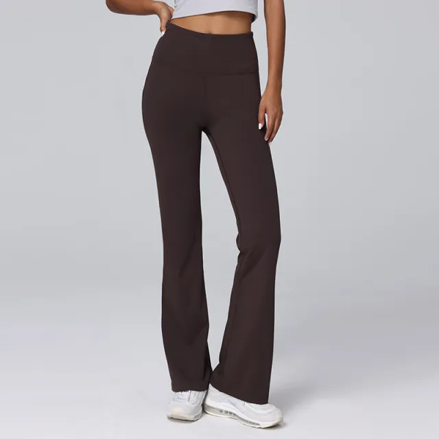 Nude Feel Sports Horn High Waist Hip Lift Stretch Fitness Wide leg Pants Coffee - Shop at LoveMi