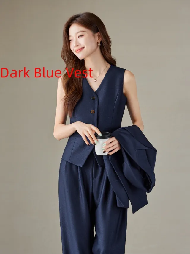 Fashion British Style High Waist Wide Leg Pants Two piece Set Dark Blue Vest - Shop at LoveMi