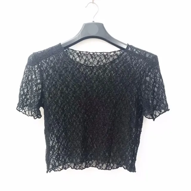 Big Neckline Long Sleeve Lace Stretch Slim Short Chic Crocheted Top Black - Shop at LoveMi