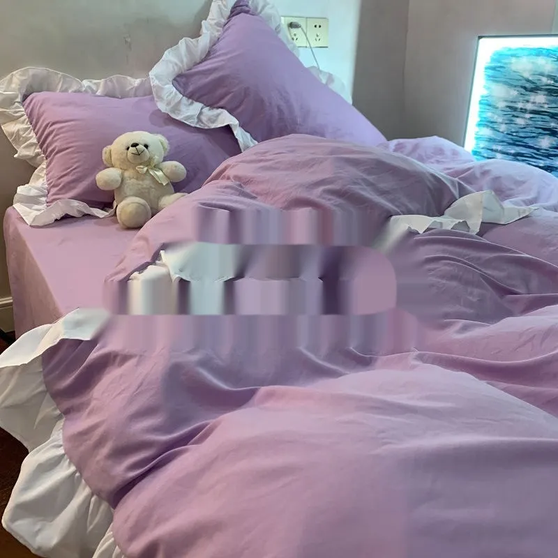 Quilt Cover Washed Cotton Four-piece Set Mori Style Bedding Solid Color Bed Sheet - Purple