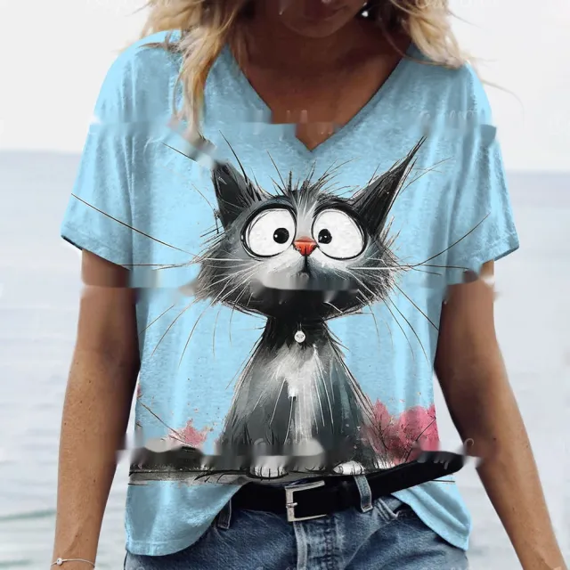 Women's Summer Cat Print Casual Short Sleeve 3E 5Zhv2 M - Shop at LoveMi