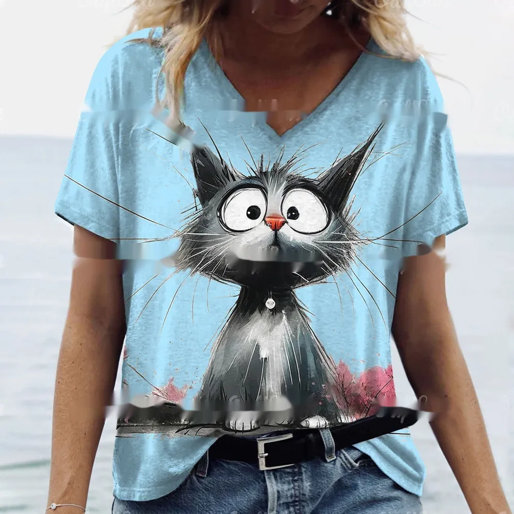 Women's Summer Cat Print Casual Short Sleeve - 3E 5Zhv2-M