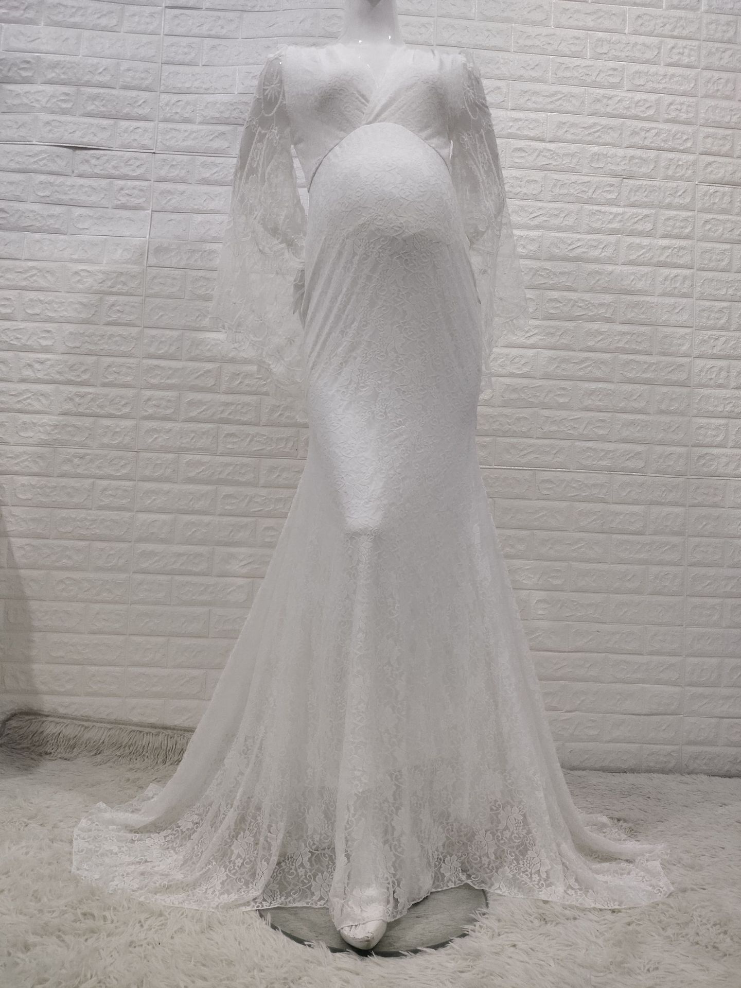 White V-Neck Flared Sleeves Long Tail Dress