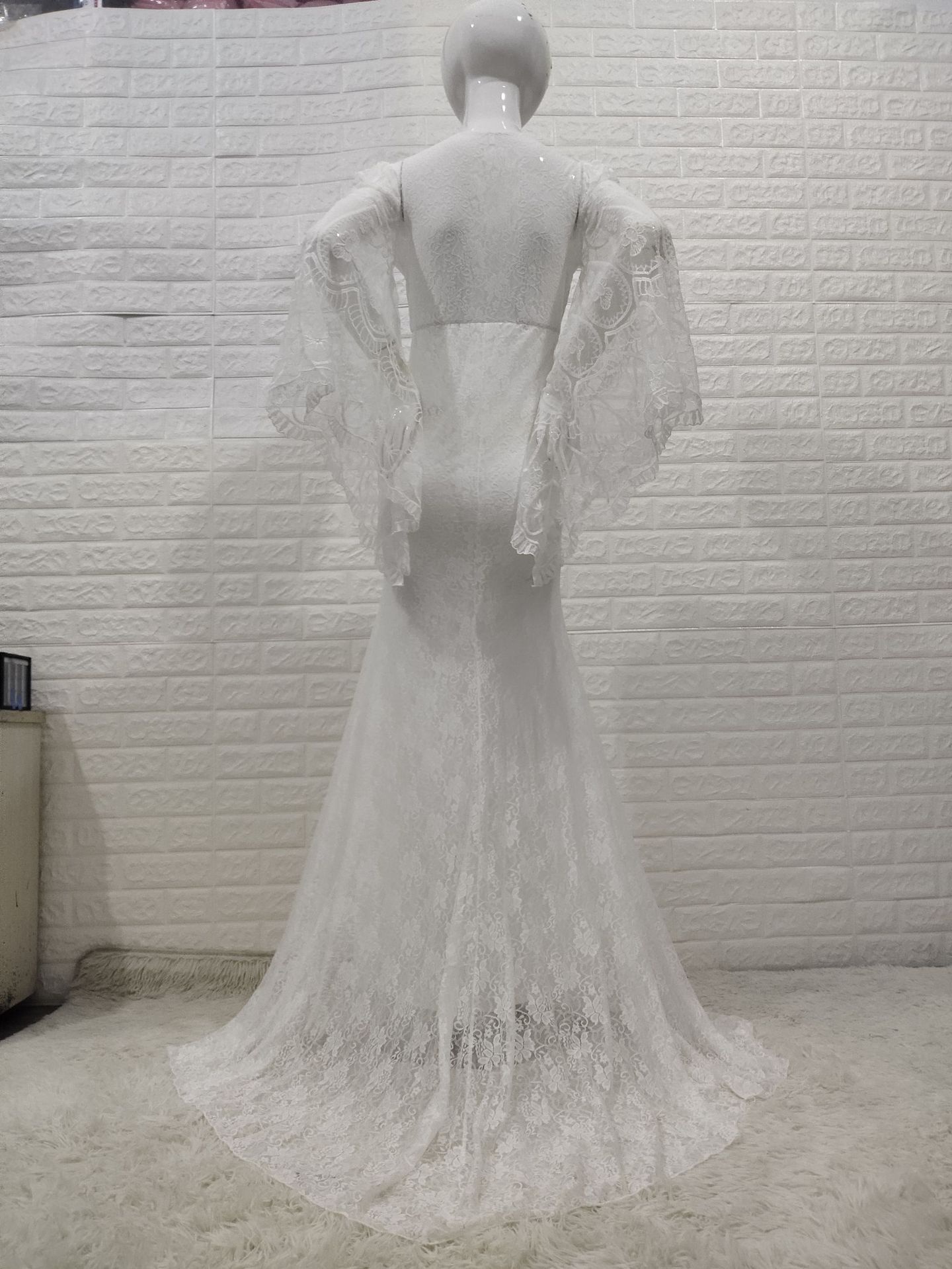 White V-Neck Flared Sleeves Long Tail Dress