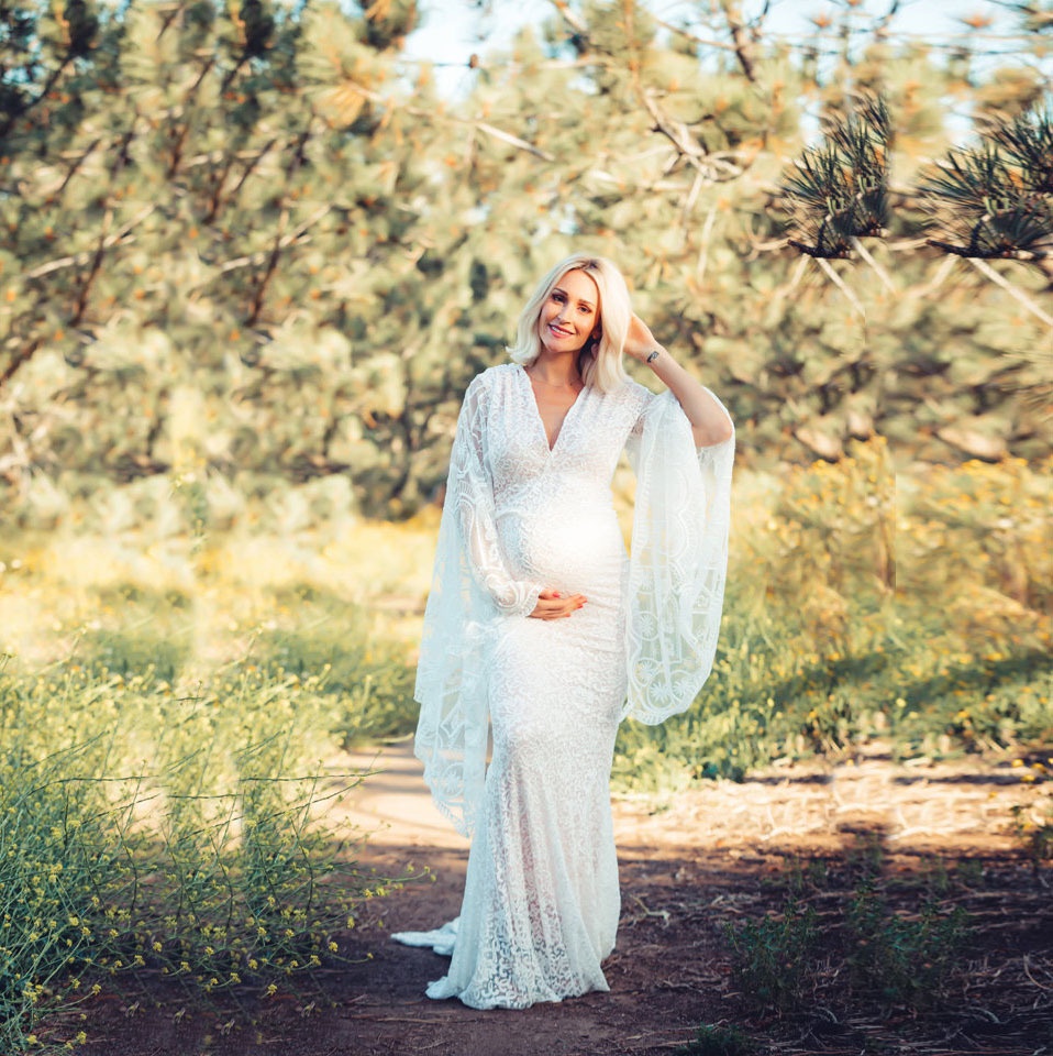 White V-Neck Flared Sleeves Long Tail Dress