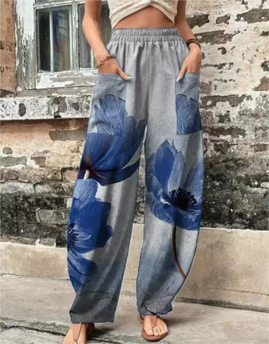 Women's Elastic Waistband Pocket Printed Casual Pants Blue - Shop at LoveMi
